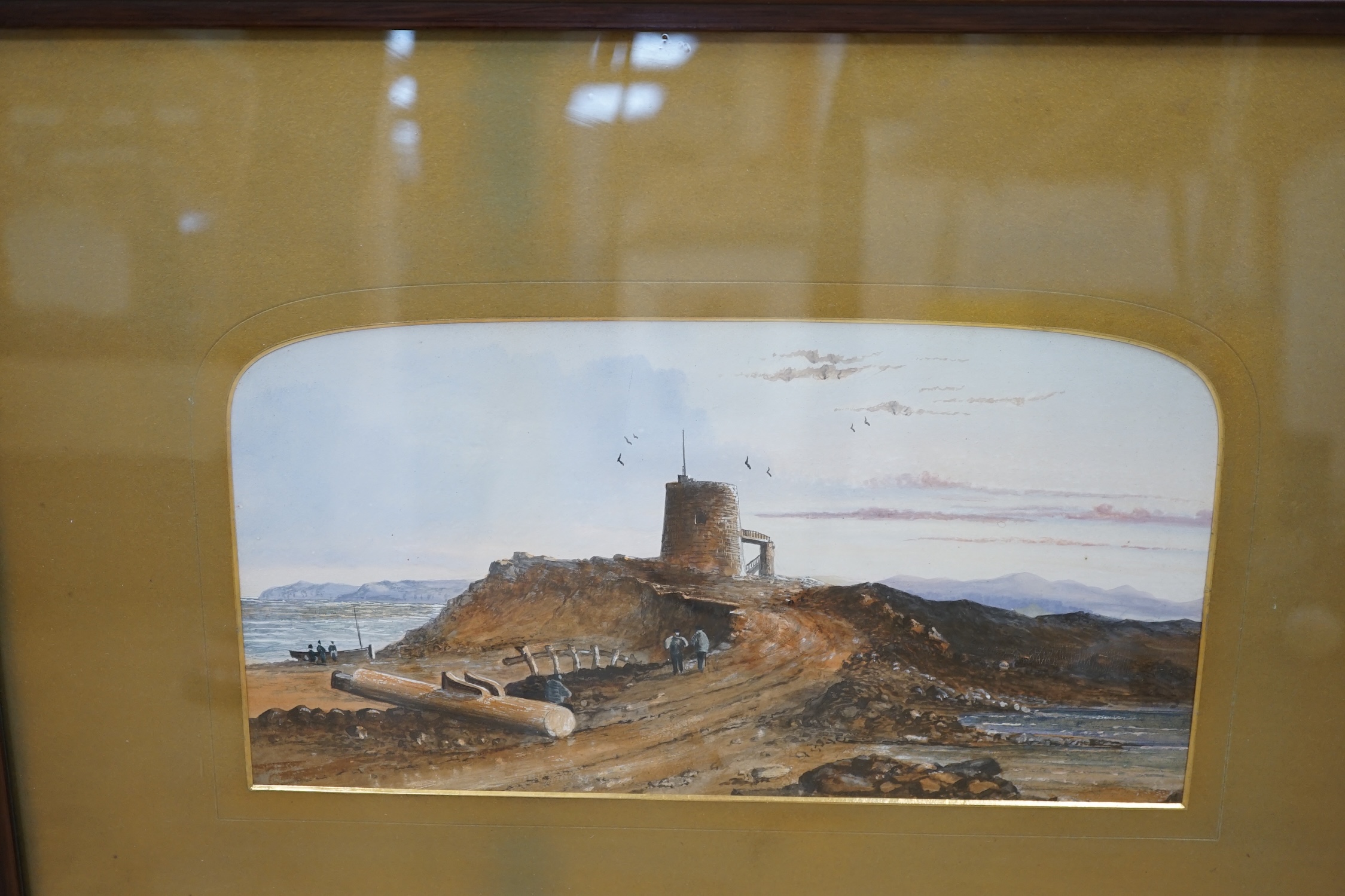 19th century, pair of gouaches, Coastal views including ‘Martello Tower near Hastings’, unsigned, together with British Empire Exhibition, May 1925 letter, unsigned, each 15 x 29cm. Condition - fair